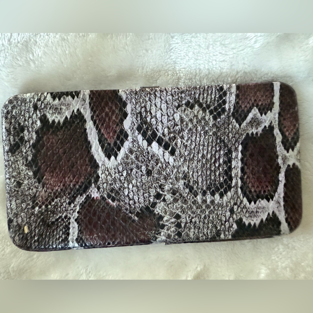 Style & Co. hinged faux snakeskin wallet, purple /black, new with tag